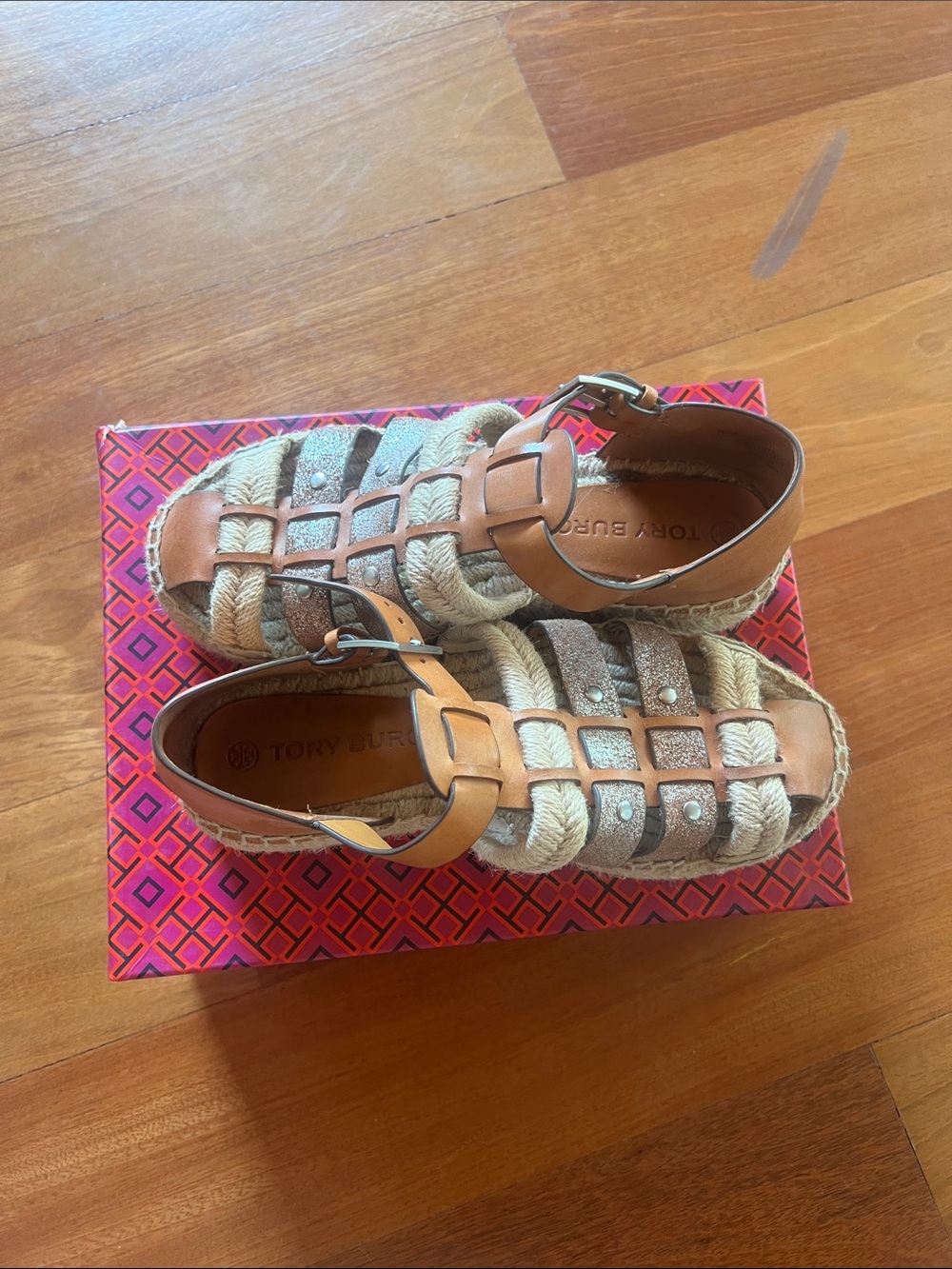 Tory Burch Kids Tan and Beige Woven Leather Sandals